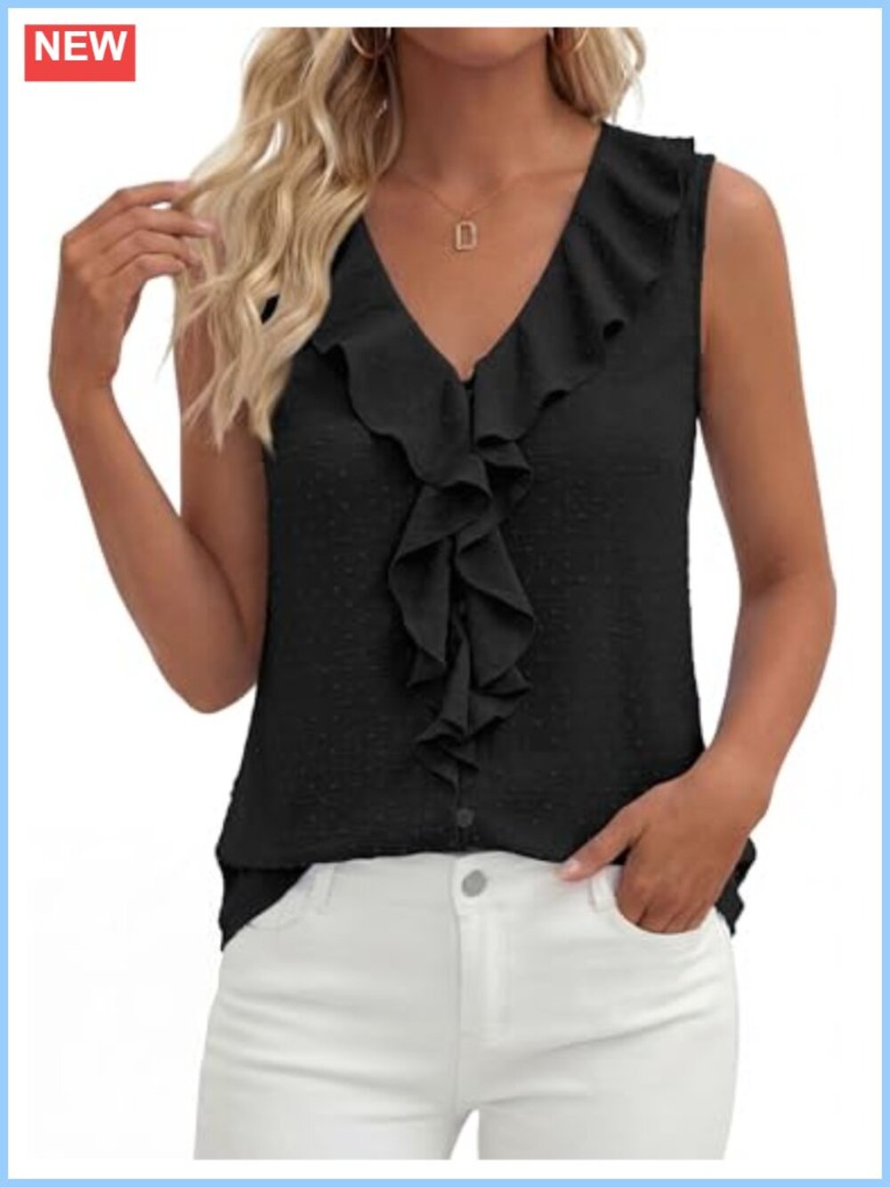 Womens Sleeveless Ruffle Button Tank Top Swiss Dot V-Neck Blouse